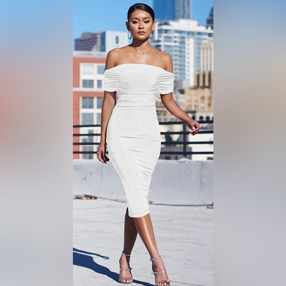 White Off The Shoulder Ruched Bodycon Dress